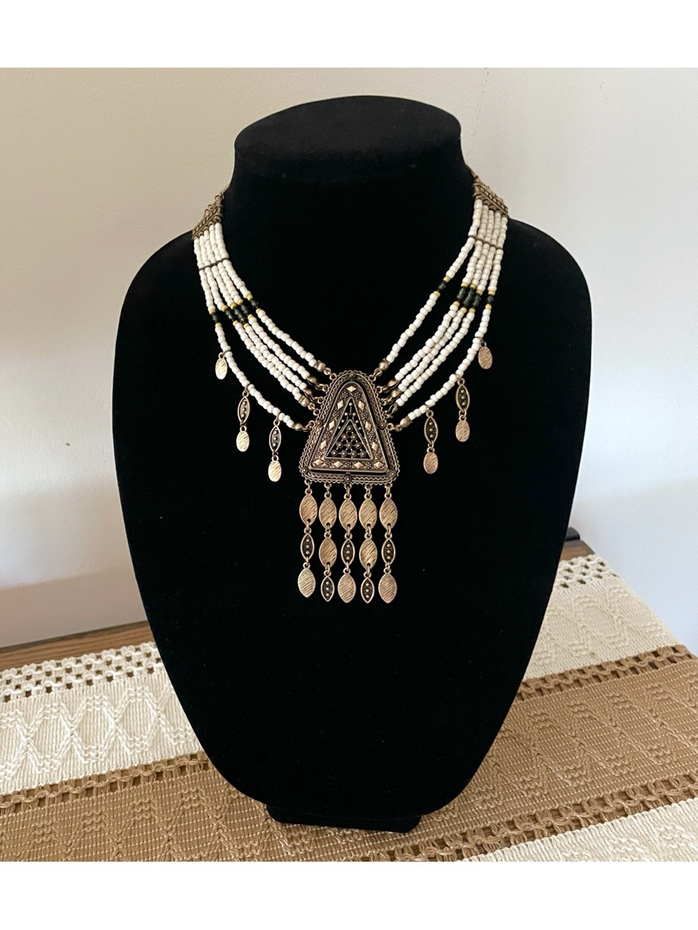 NWOT Free People Boho Beaded Statement Necklace with Antique Gold Pendant